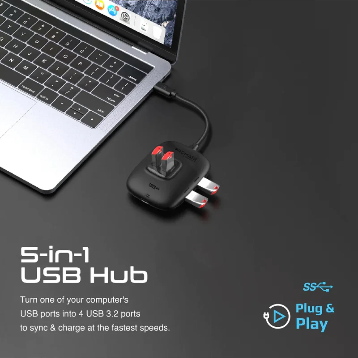 موزع USB Promate SnapHub-4‏ 4 في 1 USB 3.2 مع 4 منافذ USB-A بسرعة 10Gbps و5V/1A - Thumbnail 2