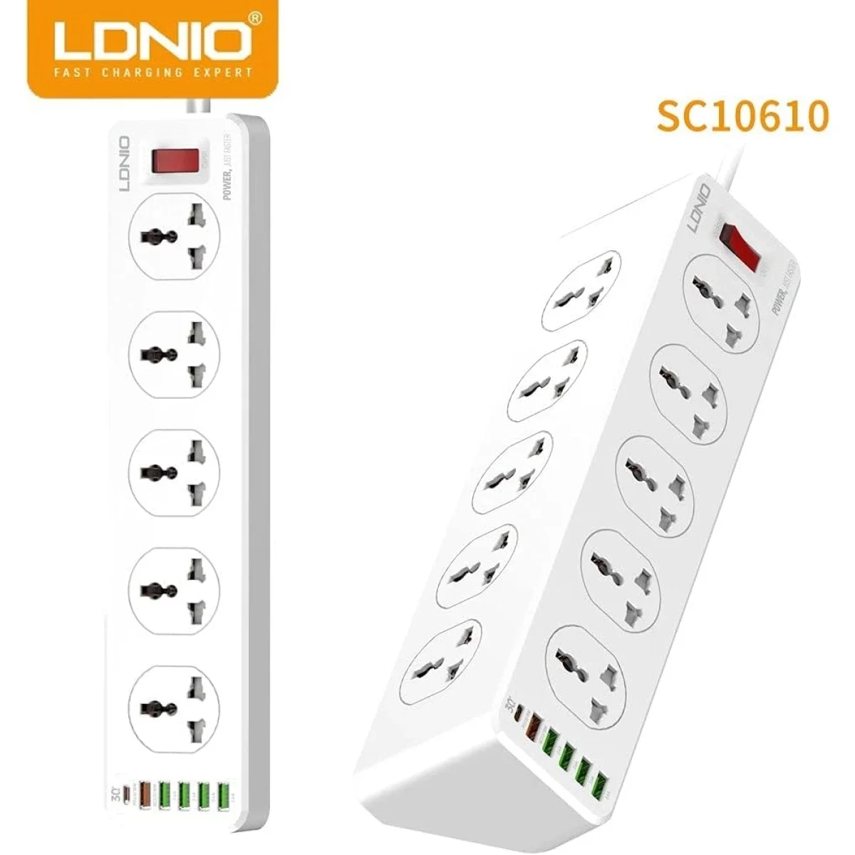 مشترك كهرباء ذكي LDNIO SC10610 بـ10 منافذ وشحن سريع PD 20W وكابل 2 متر - Image 6