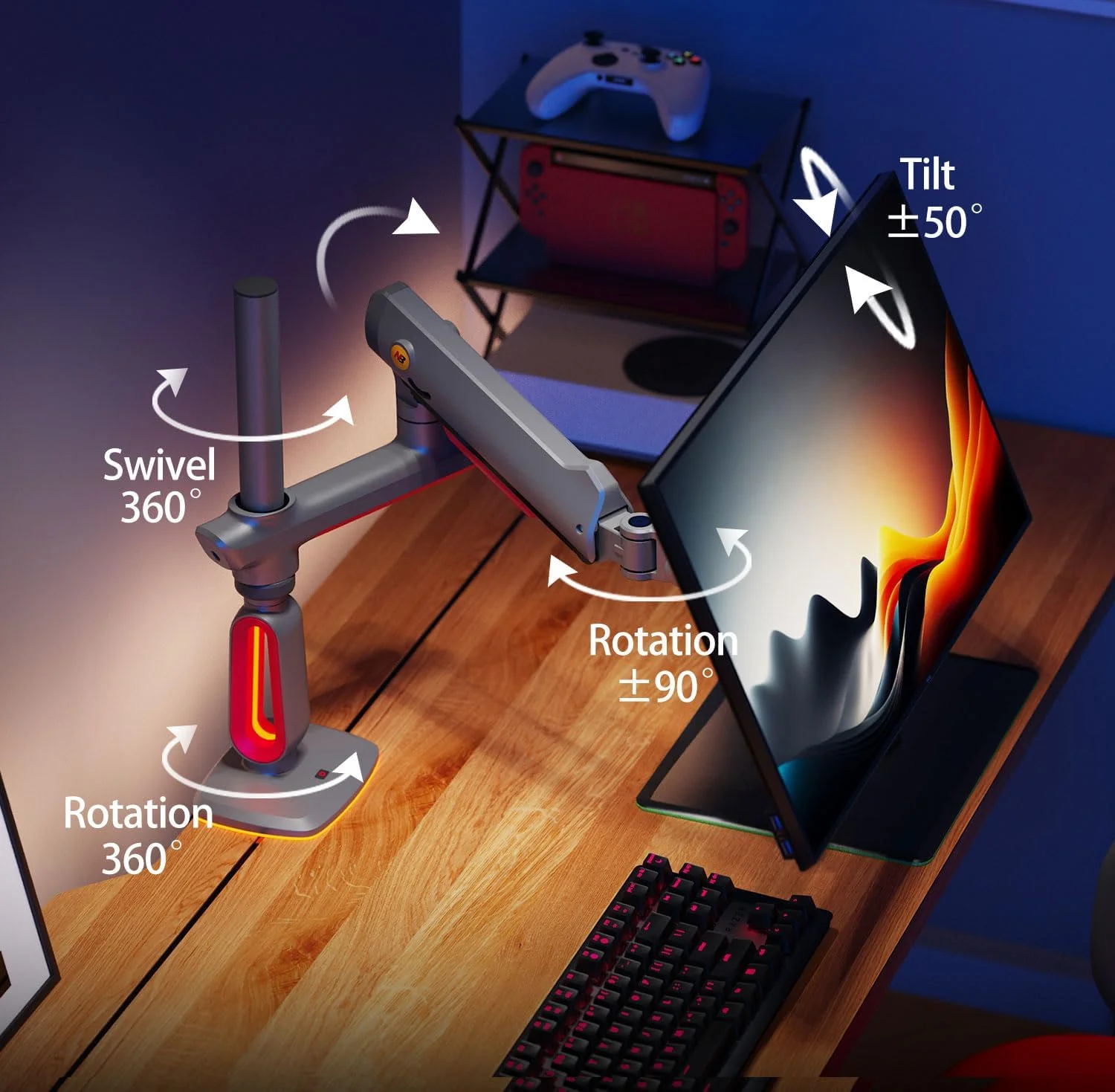 ذراع شاشة North Bayou L70 للألعاب بإضاءة RGB، 32–60 إنش، VESA 75/100 مم، تثبيت مكتبي قوي حتى 20 كغ - Thumbnail 7
