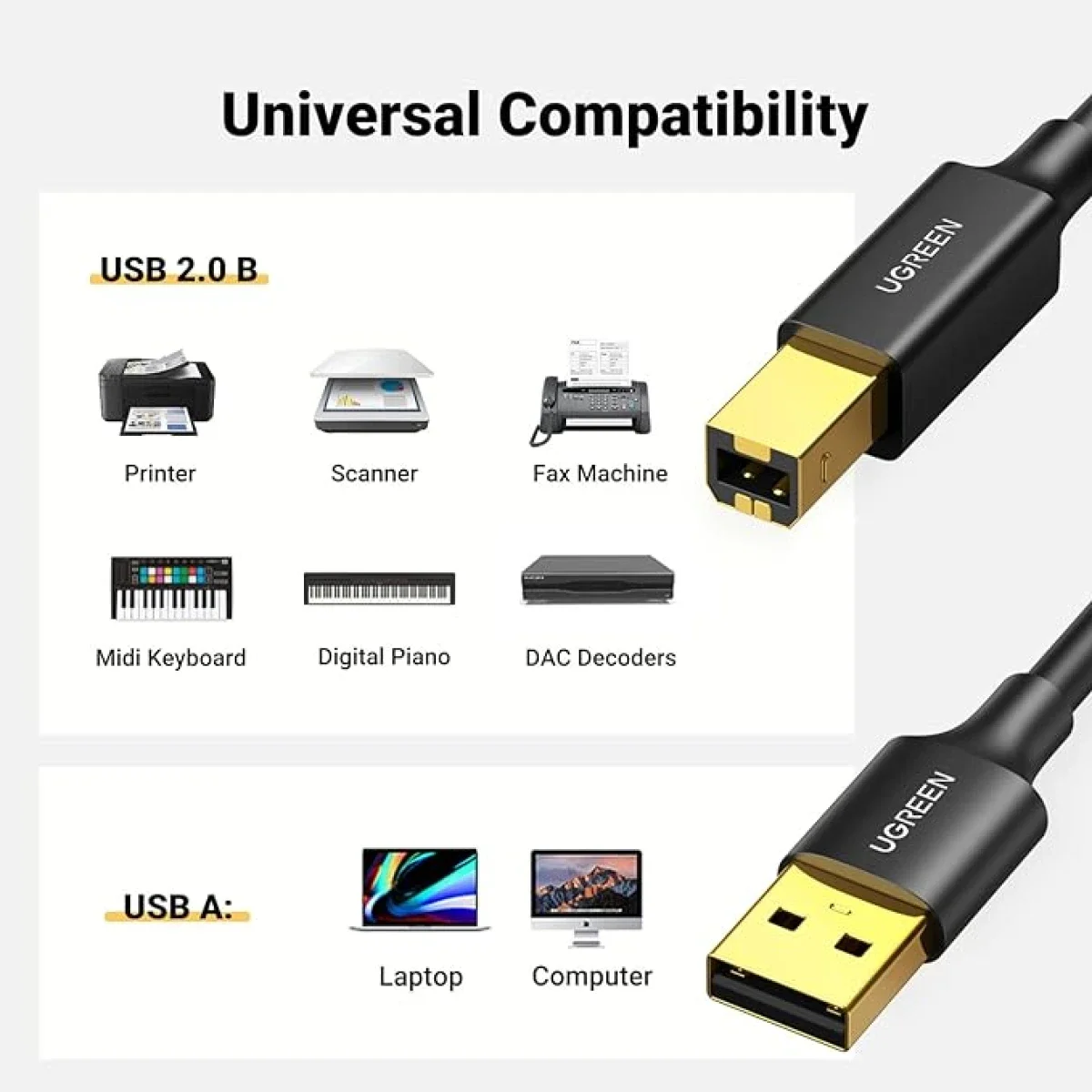 كابل طابعة Ugreen USB 2.0 من Type-A إلى Type-B عالي السرعة 1.5 متر - Thumbnail 2