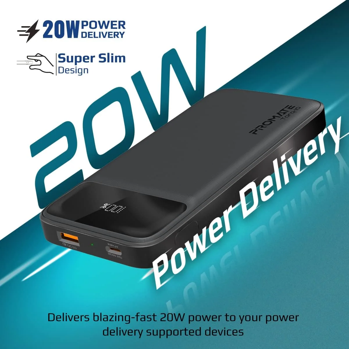 باور بانك Promate Torq-10 بسعة 10000mAh نحيف جدًا مع USB-C PD 20W أسود - Image 3