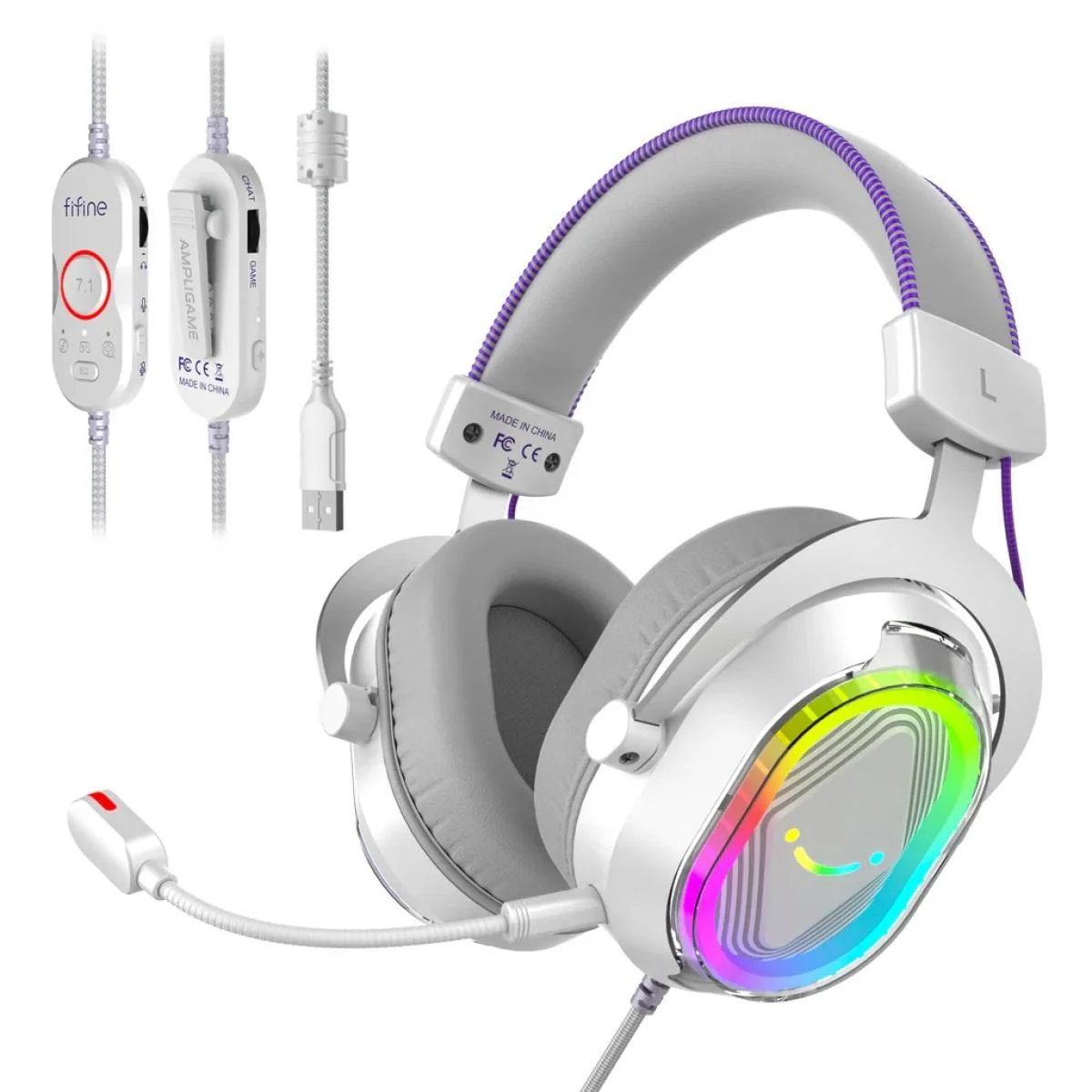 سماعة ألعاب FIFINE H13W بإضاءة RGB وصوت محيطي 7.1 للكمبيوتر وPS4 وPS5 - أبيض