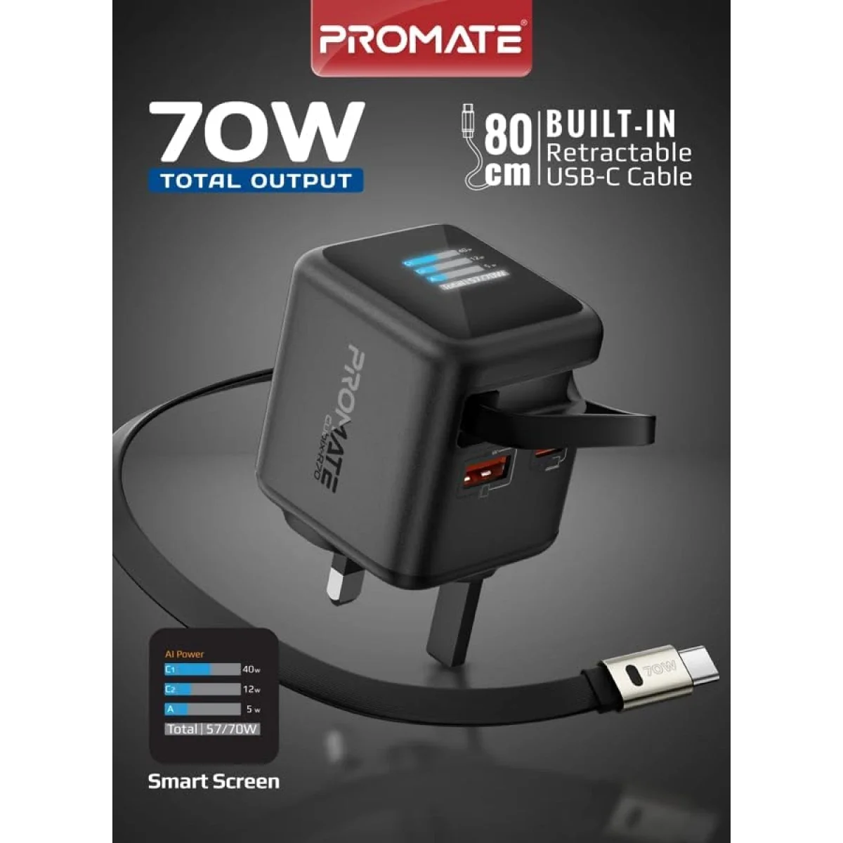 شاحن Promate Cubix-R70 GaNFast بقدرة 70 واط مع كابل USB-C قابل للسحب بطول 80 سم - Thumbnail 5