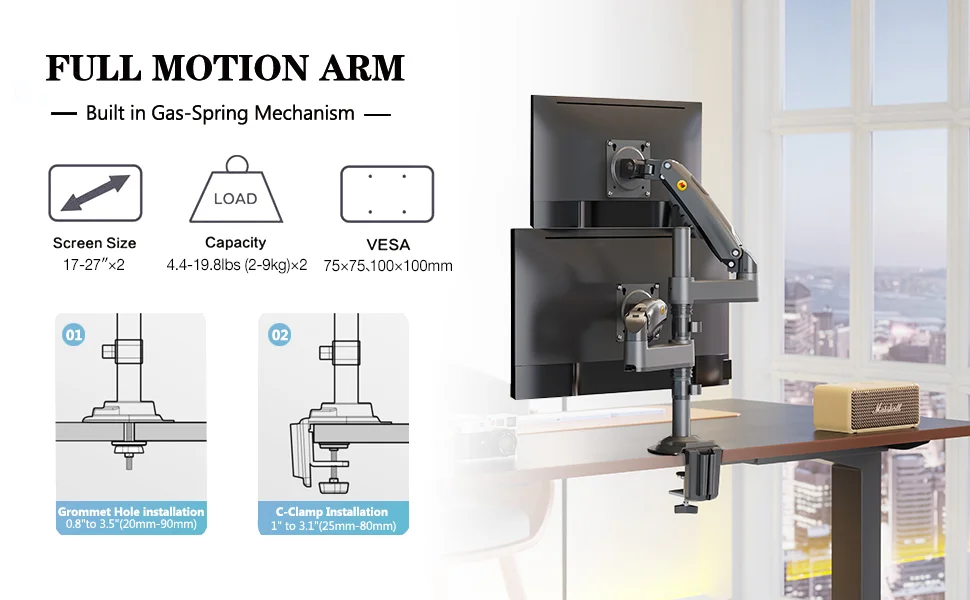 North Bayou H180 Dual Monitor Desk Mount Arm for 2 Screens up to 27-Inch, 9 kg Each, White - Thumbnail 9