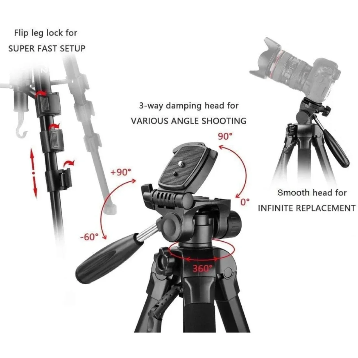 Jmary KP-2254 Professional Aluminum Tripod Monopod for DSLR Cameras, 4 kg Load, 1650 mm - Image 3
