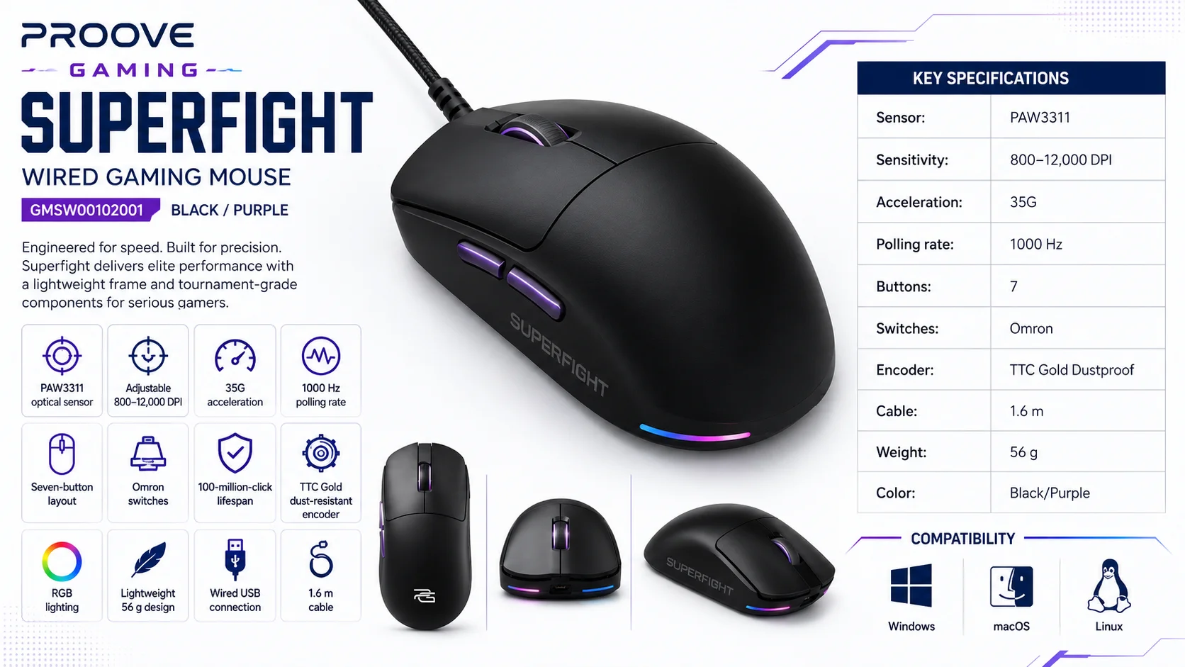 Proove GMSW00102001 Gaming Superfight Wired Gaming Mouse 12000 DPI Black/Purple - Thumbnail 7