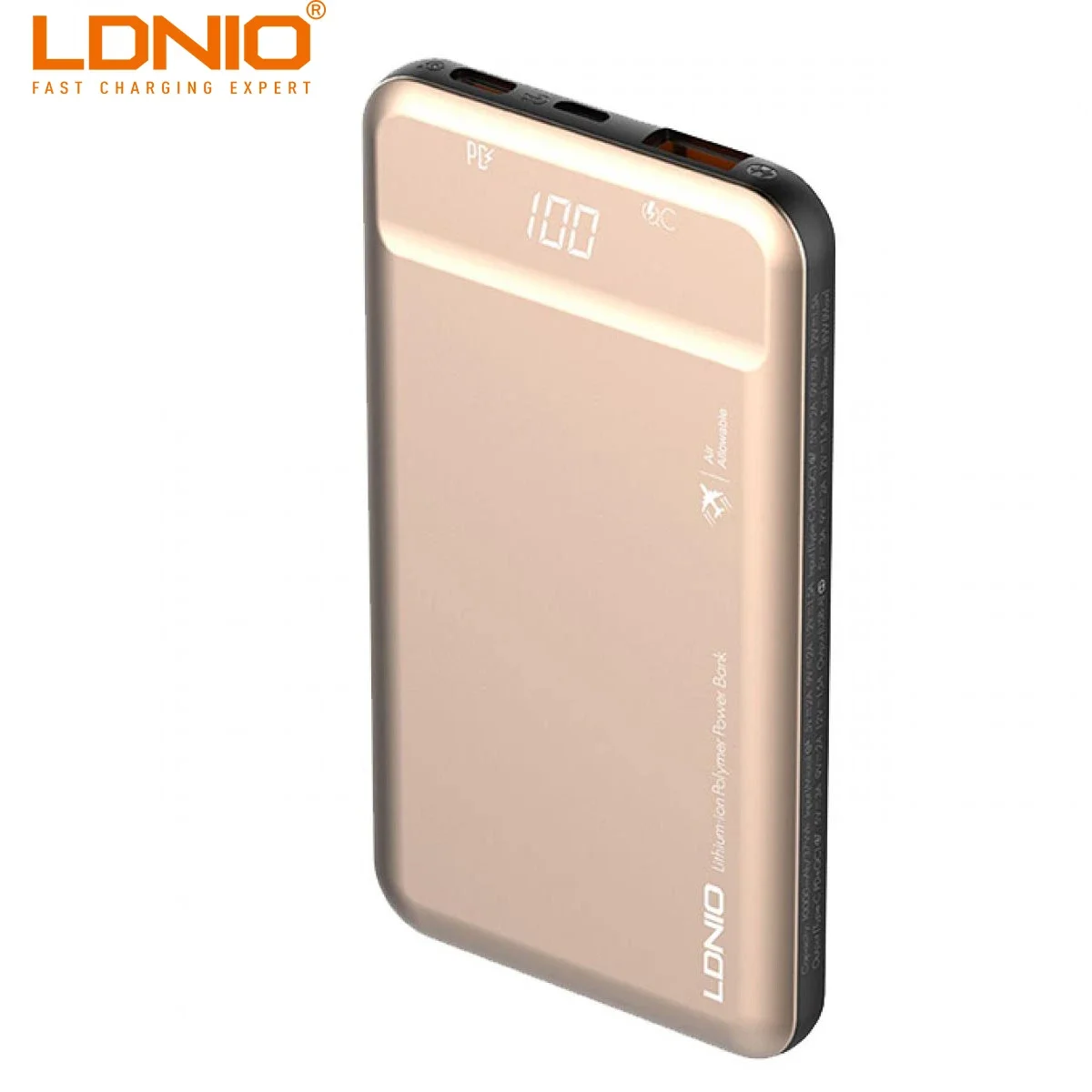 باور بانك LDNIO PQ1015 بسعة 10000mAh وشحن سريع 18W - ذهبي