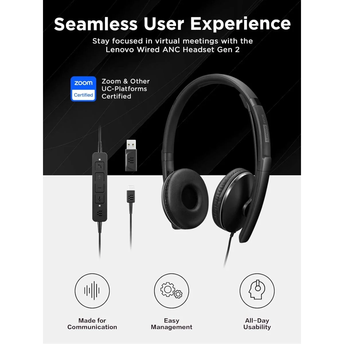 Lenovo Wired ANC Business Headset USB-C & USB-A, Zoom Certified, 145g