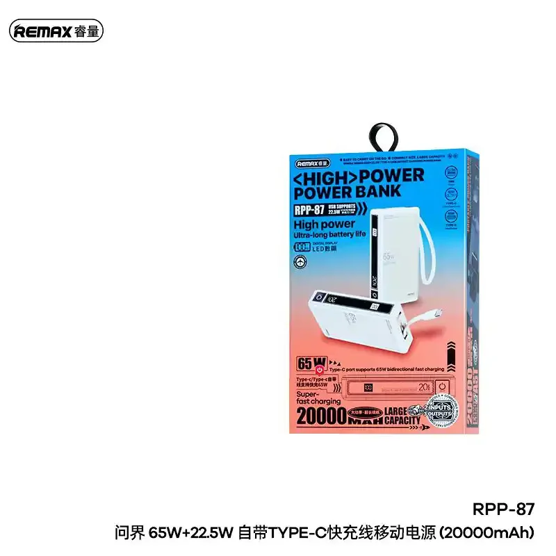 Remax Askworld RPP-87 20000mAh Power Bank 65W+22.5W with Built-in USB-C Cable - Beige - Thumbnail 2