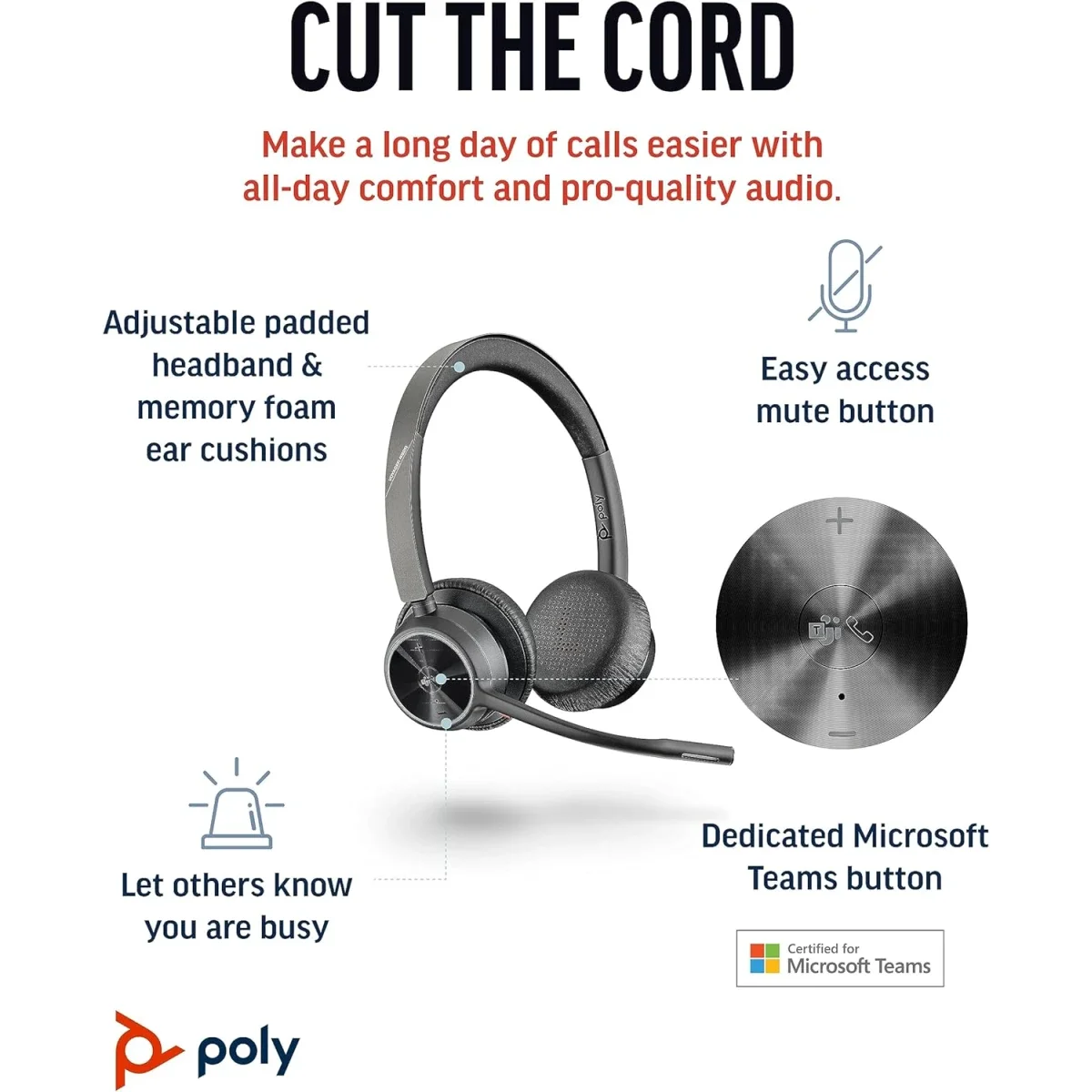 سماعة رأس لاسلكية Poly Voyager 4320 بمنفذ USB-A مع قاعدة شحن ومعتمدة لـ Teams - Thumbnail 11