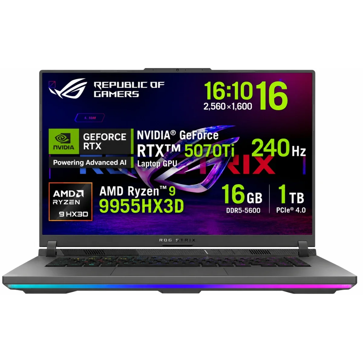 Asus ROG Strix G16 (2025) G614FR Gaming Laptop 16-Inch 2.5K 240Hz Ryzen 9 9955HX3D RTX 5070 Ti Volt Green