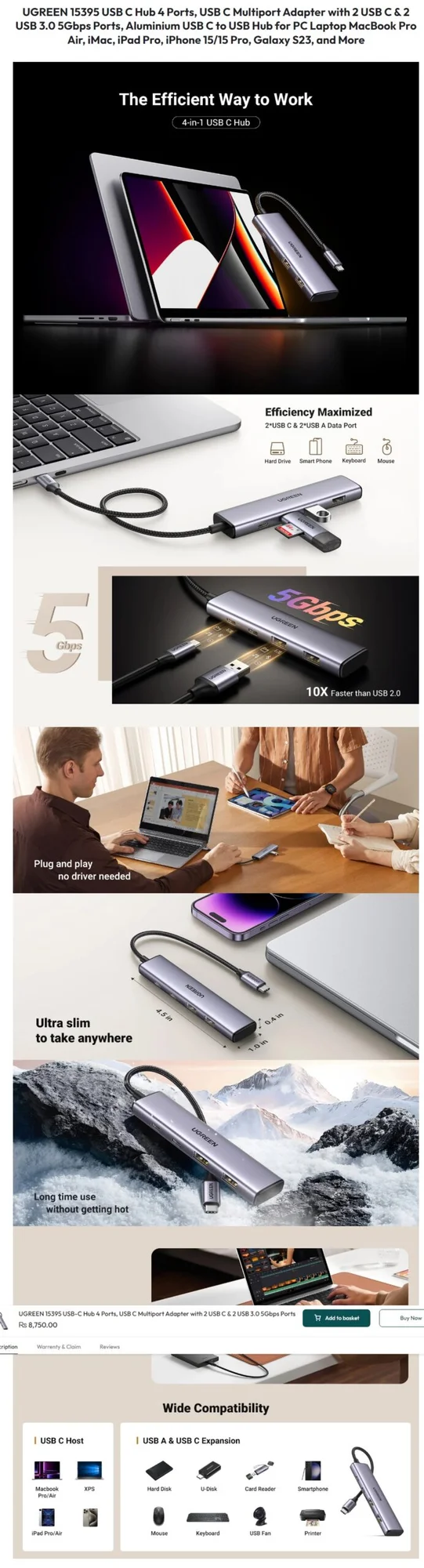 Ugreen 15395 USB-C Hub with 2 USB-C and 2 USB-A 5Gbps Data Ports Aluminum - Thumbnail 5