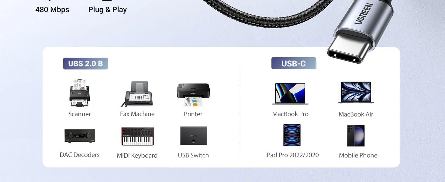 سلك طابعة Ugreen من USB-C إلى USB-B بطول 1 متر - Image 3