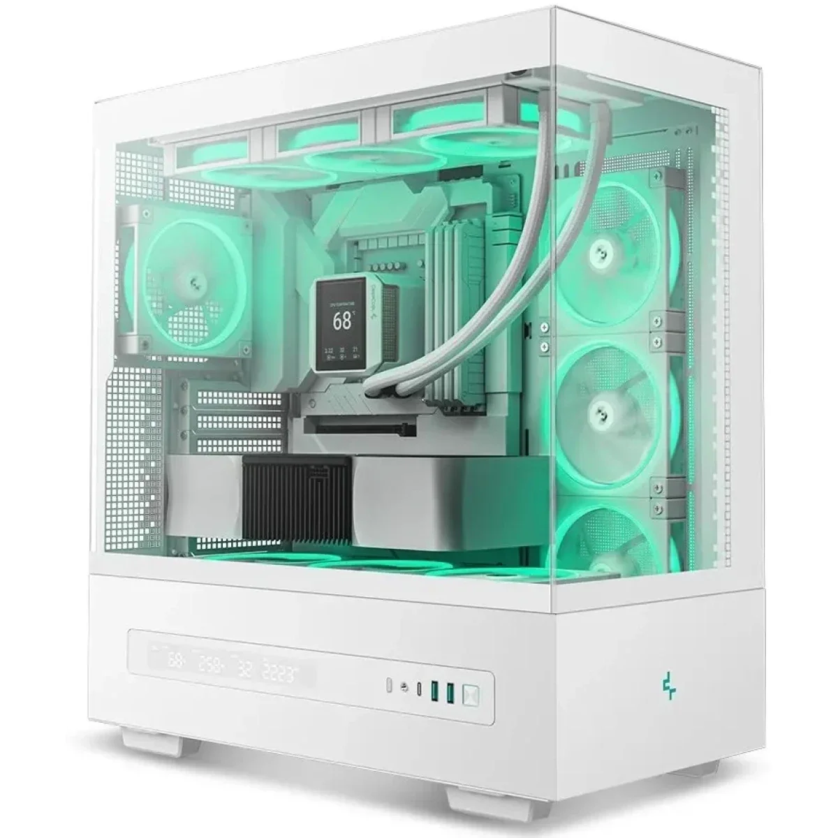 هيكل كمبيوتر DeepCool CH690 DIGITAL ميد تاور مع لوحة زجاج شبه كاملة وشاشة رقمية ودعم راديتر 420mm وموصل خلفي، أبيض - Image 1