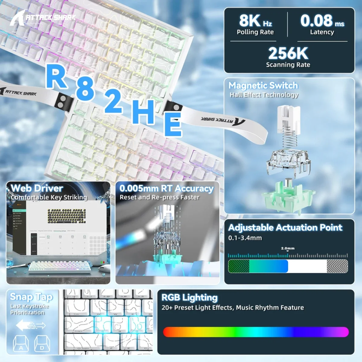 كيبورد ألعاب ATTACK SHARK R82 HE مغناطيسي سلكي 75% وايت كونتورز - Image 3