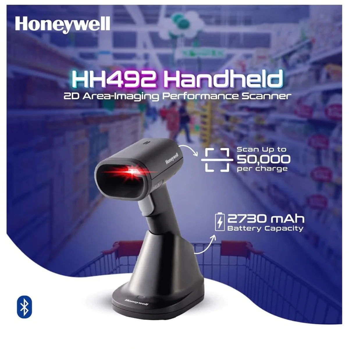 قارئ باركود لاسلكي Honeywell HH492 يدعم 1D/2D مع قاعدة شحن، أسود - Image 2
