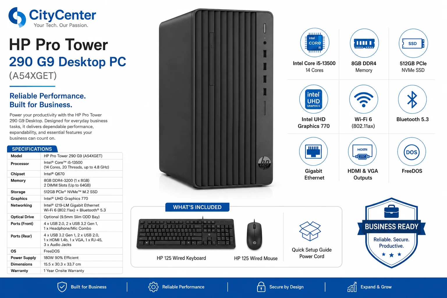 HP Pro 290 G9 Business Tower Desktop Intel Core i5-13500 8GB RAM 512GB SSD Black - Image 3