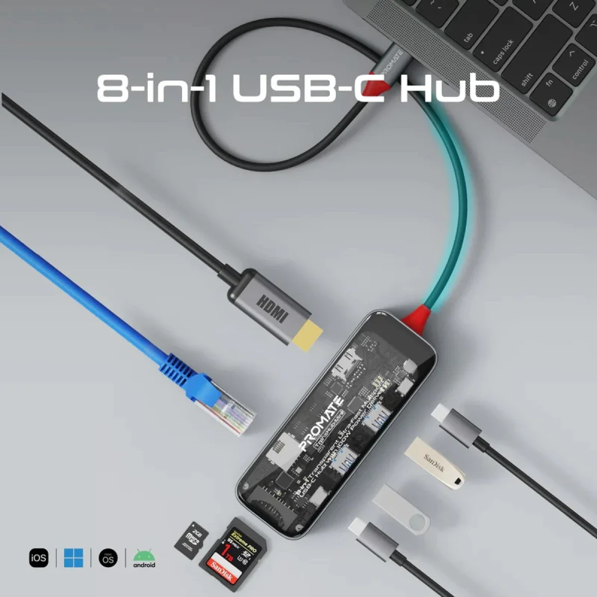 موزع وسائط USB-C ‏8 في 1 Promate TransHub-Mini مع HDMI ‏4K@60Hz ومنفذ LAN جيجابت وطاقة PD ‏100W - Thumbnail 5