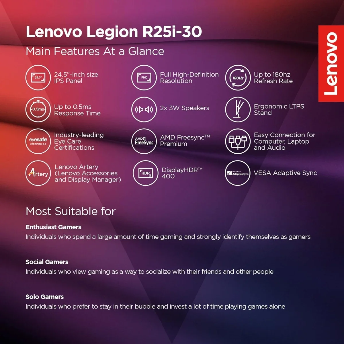 شاشة ألعاب Lenovo Legion R25i-30 مقاس 24.5 إنش FHD IPS بتردد 180 هرتز مع تعديل الارتفاع والميل والدوران الأفقي والعمودي - Image 2