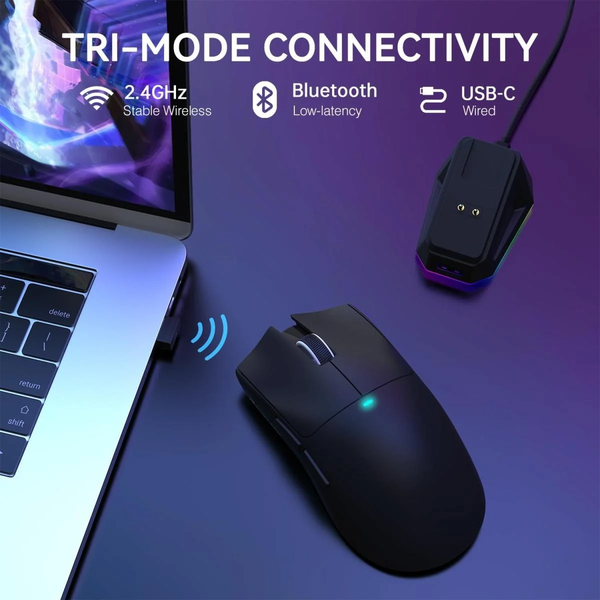 ماوس ألعاب لاسلكي خفيف ATTACK SHARK X11 ثلاثي الاتصال مع قاعدة شحن RGB ودقة 22K DPI، أسود - Image 4