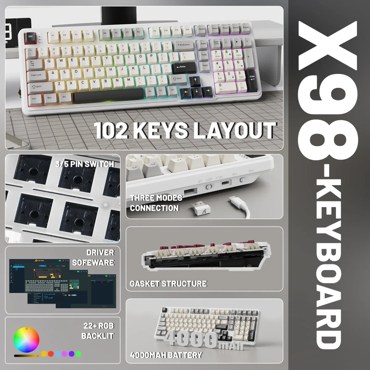 ATTACK SHARK X98 Tri-Mode Wireless Mechanical Keyboard - StarLight White - Thumbnail 3