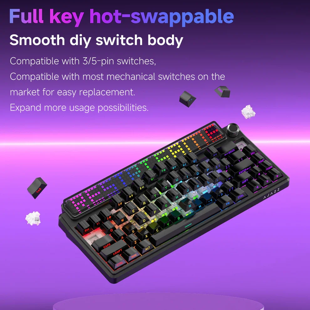 AJAZZ Pixel68 Mechanical Gaming Keyboard, White Peach Switch, Dot Matrix Screen, Wireless Bluetooth, Hot-Swappable, Factory Engraved Black, 8+8k - Image 5