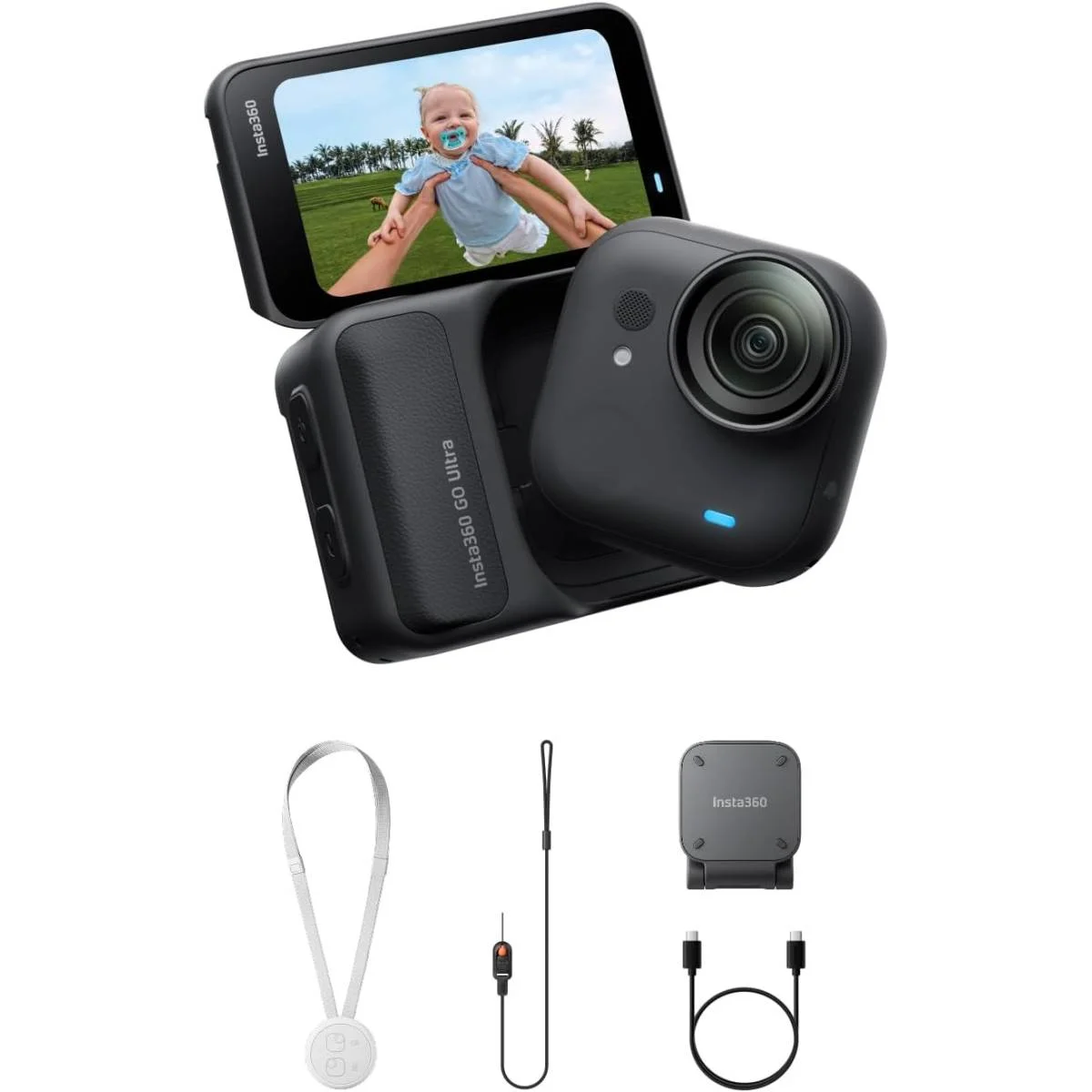 كاميرا Insta360 GO Ultra للتصوير بدون استخدام اليدين 4K60fps، مستشعر 1/1.28 إنش، شريحة AI بدقة 5nm، Action Pod، تثبيت مغناطيسي، مقاومة للماء IPX8، أسود