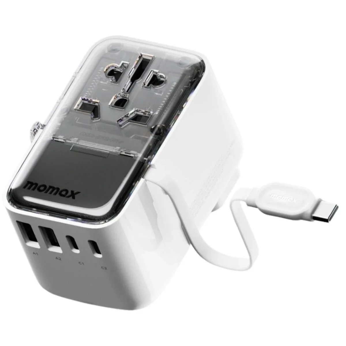 شاحن سفر عالمي MOMAX World+ Flow بقدرة 35 واط و4 منافذ مع كابل USB-C قابل للسحب - أبيض