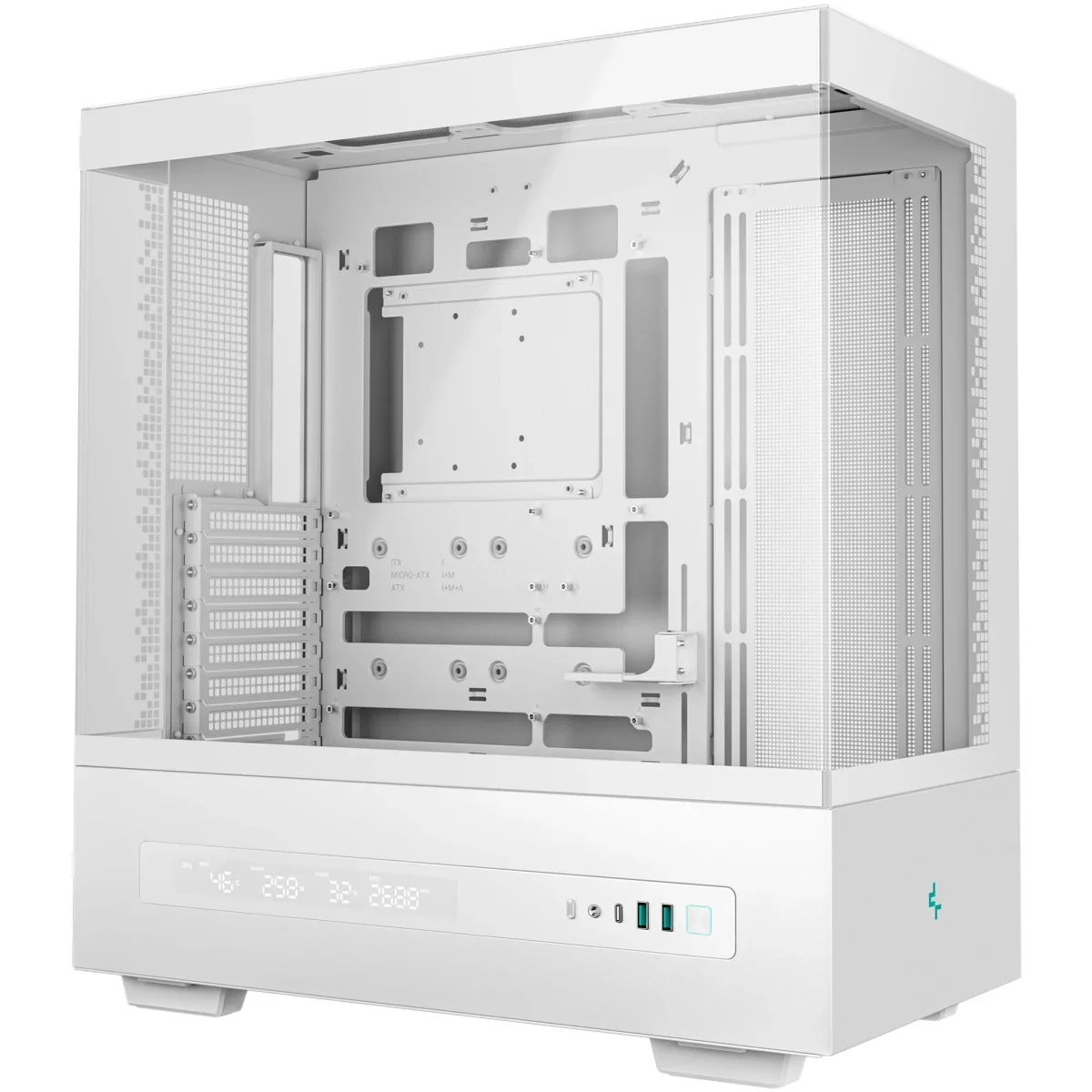 هيكل كمبيوتر DeepCool CH690 DIGITAL ميد تاور مع لوحة زجاج شبه كاملة وشاشة رقمية ودعم راديتر 420mm وموصل خلفي، أبيض - Image 3