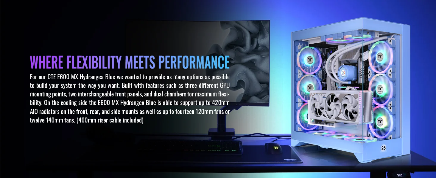 Thermaltake CTE E600 MX E-ATX Mid-Tower Case with 400mm PCIe 4.0 Riser Cable - Hydrangea Blue - Thumbnail 9