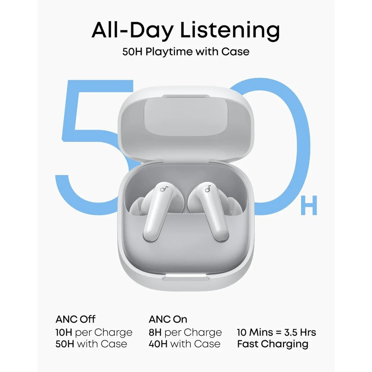 سماعات أذن لاسلكية Anker Soundcore R60i NC مع إلغاء ضوضاء تكيفي وصوت عالي الدقة، تشغيل 50 ساعة، أبيض - Thumbnail 6
