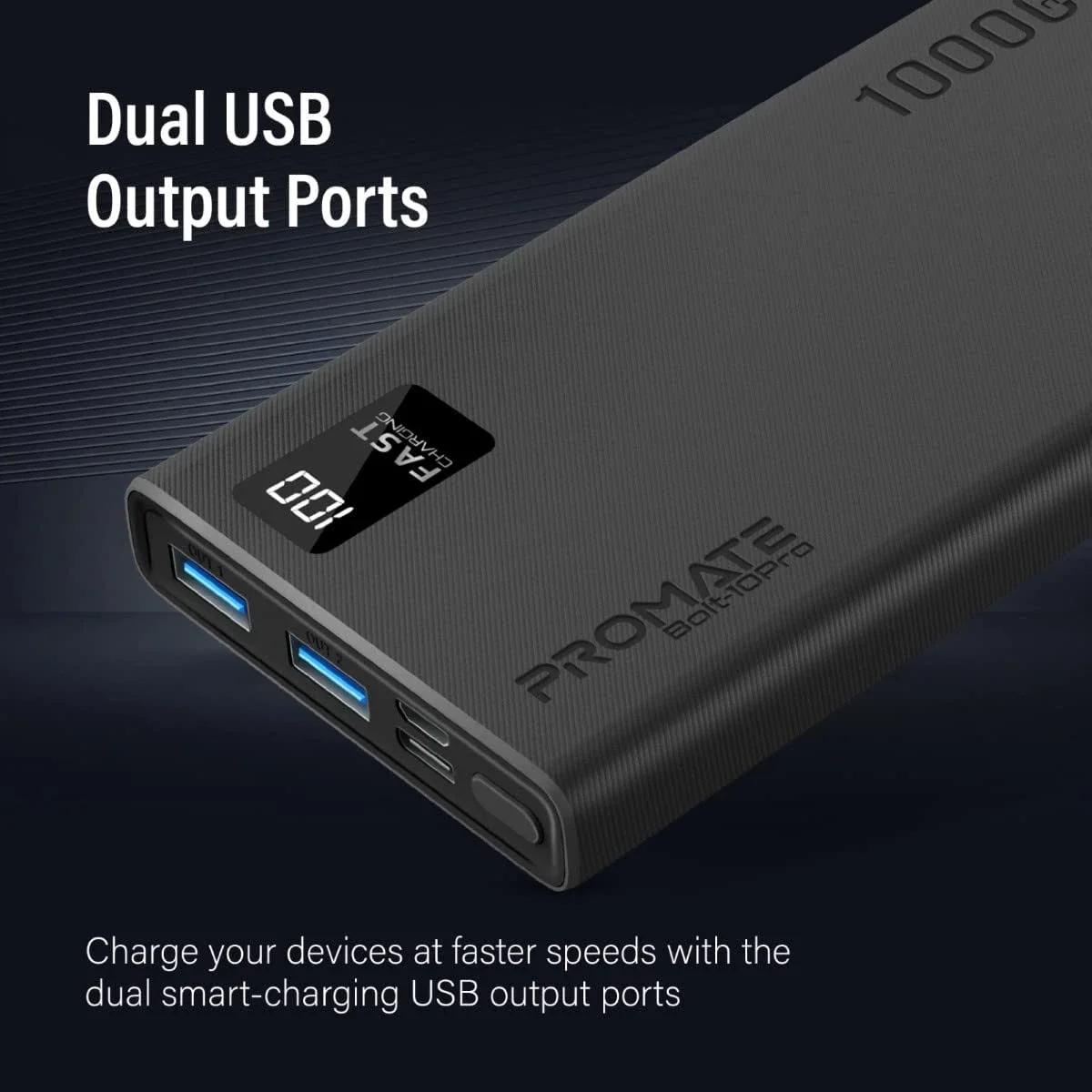 Promate Bolt-10Pro 10000mAh Ultra-Slim Power Bank with 10W USB-C and Dual USB - Black - Thumbnail 4