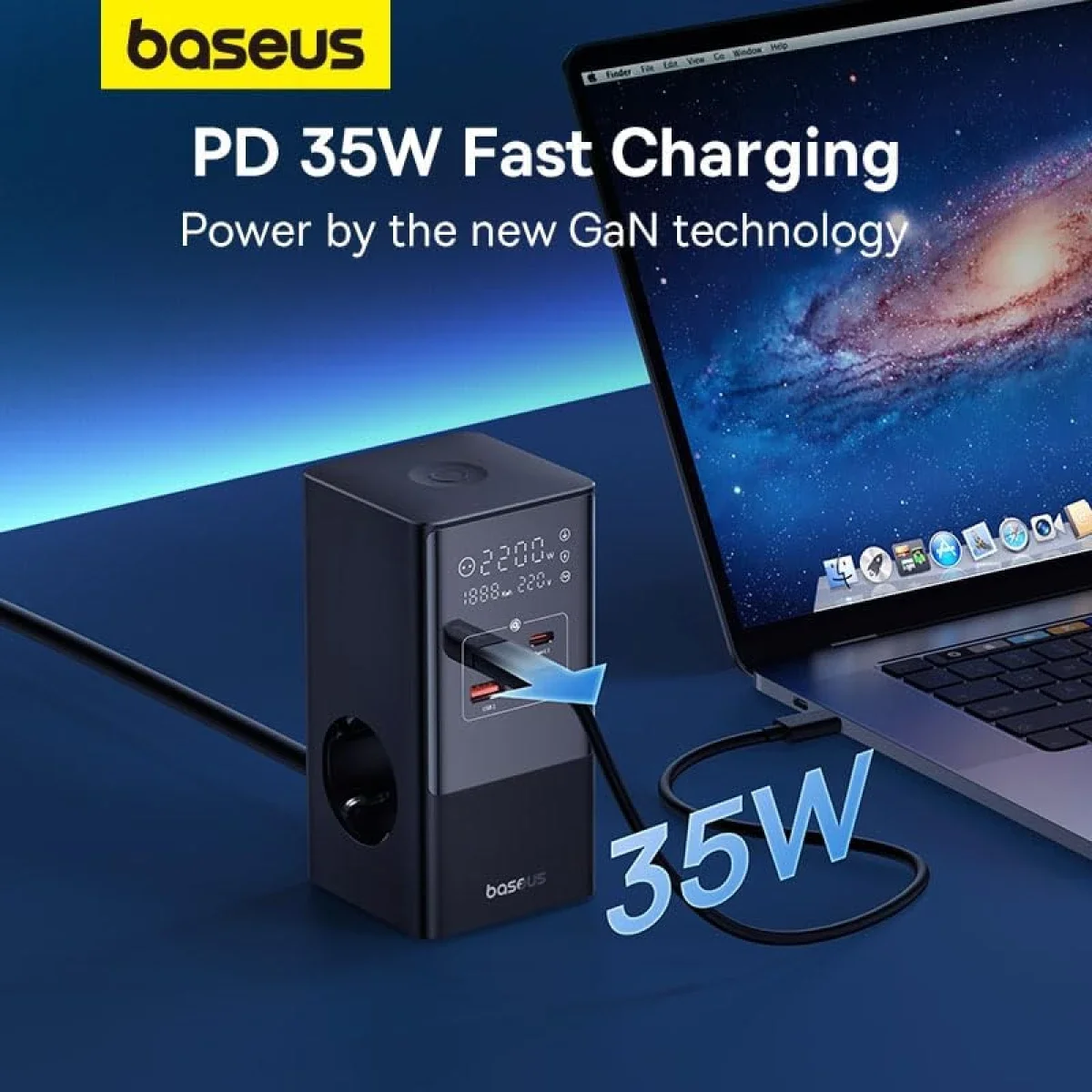 مشترك كهربائي رقمي Baseus PowerCombo Tower بقدرة 35 واط، 3 منافذ AC و2 USB-A و2 USB-C، سلك EU بطول 1.5 متر - أسود - Thumbnail 5