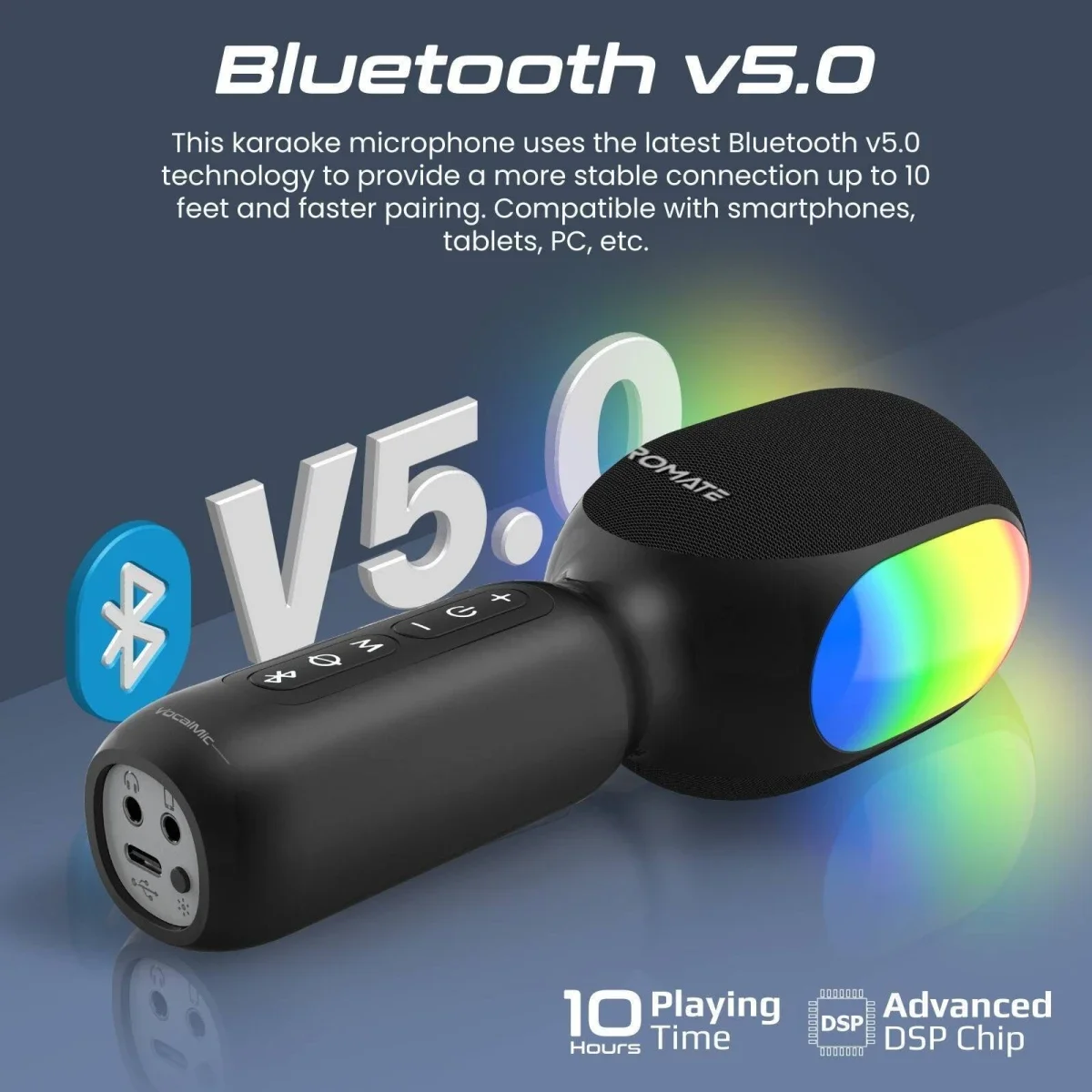 Promate VocalMic 5-in-1 Bluetooth Karaoke Microphone & Speaker with RGB Lights - Black - Thumbnail 2