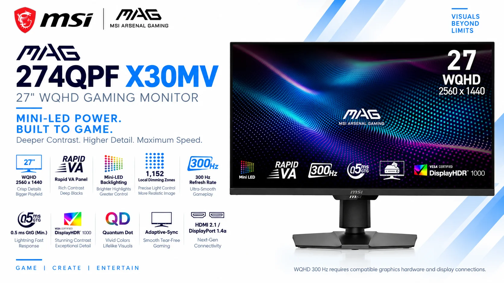 شاشة ألعاب MSI 27 إنش Rapid VA Mini-LED بدقة 2K QHD، 300 هرتز، 0.5 مللي ثانية، AMD Adaptive Sync، HDMI، DisplayPort، VESA، تعديل الميل والارتفاع، سماعة، أسود - MAG 274QPF X30MV - Thumbnail 9