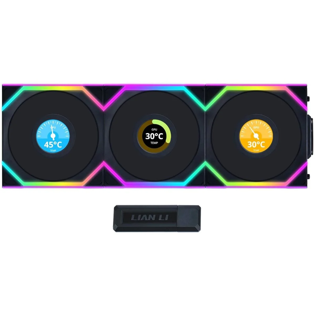 مراوح تبريد LIAN LI UNI FAN SL Wireless LCD 120 ثلاثية، شاشة IPS 1.6 إنش، ARGB مزدوج المنطقة، وحدة تحكم 2.4GHz، أسود