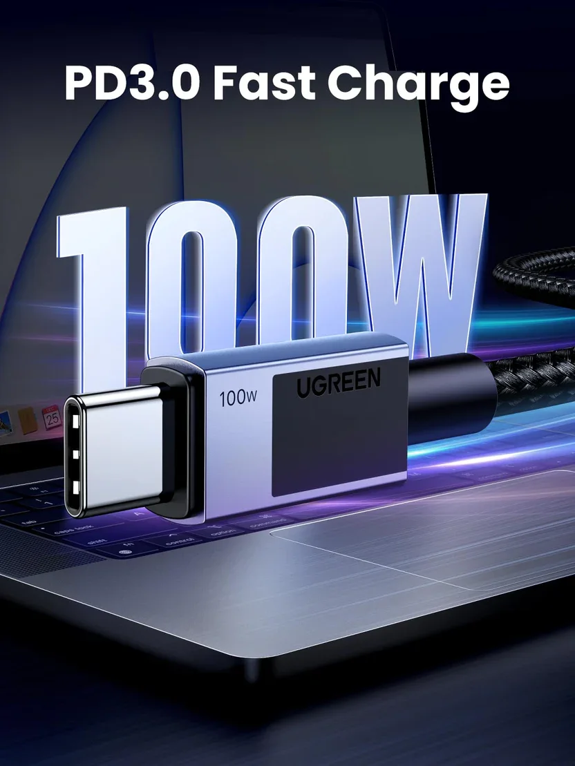 سلك شحن Ugreen 45065 USB-C إلى USB-C نايلون بقدرة 100W مع شريحة E-Marker بطول 3 متر - Image 3