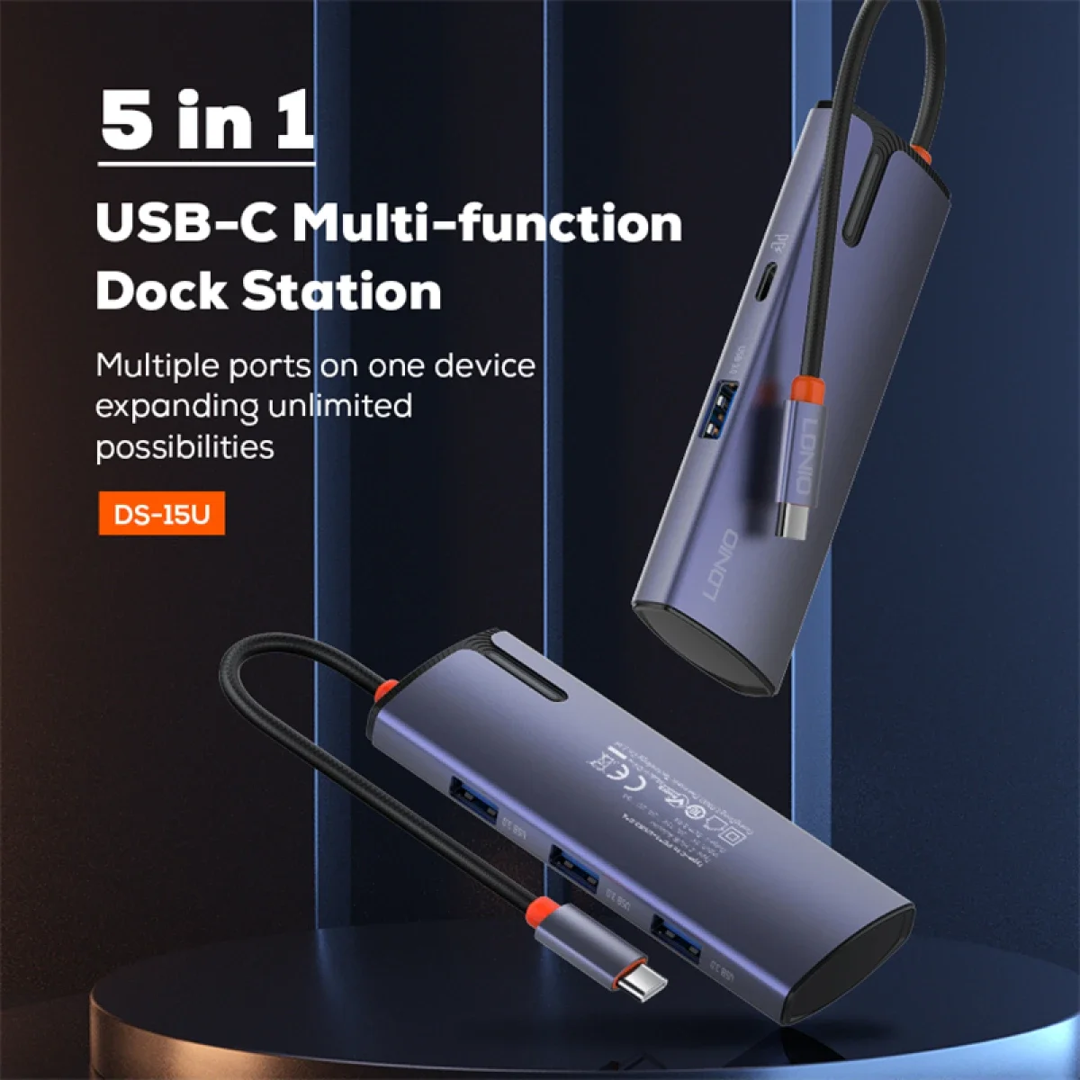 LDNIO DS-15U 5-in-1 USB Type-C Hub Multi-Function Adapter Gray
