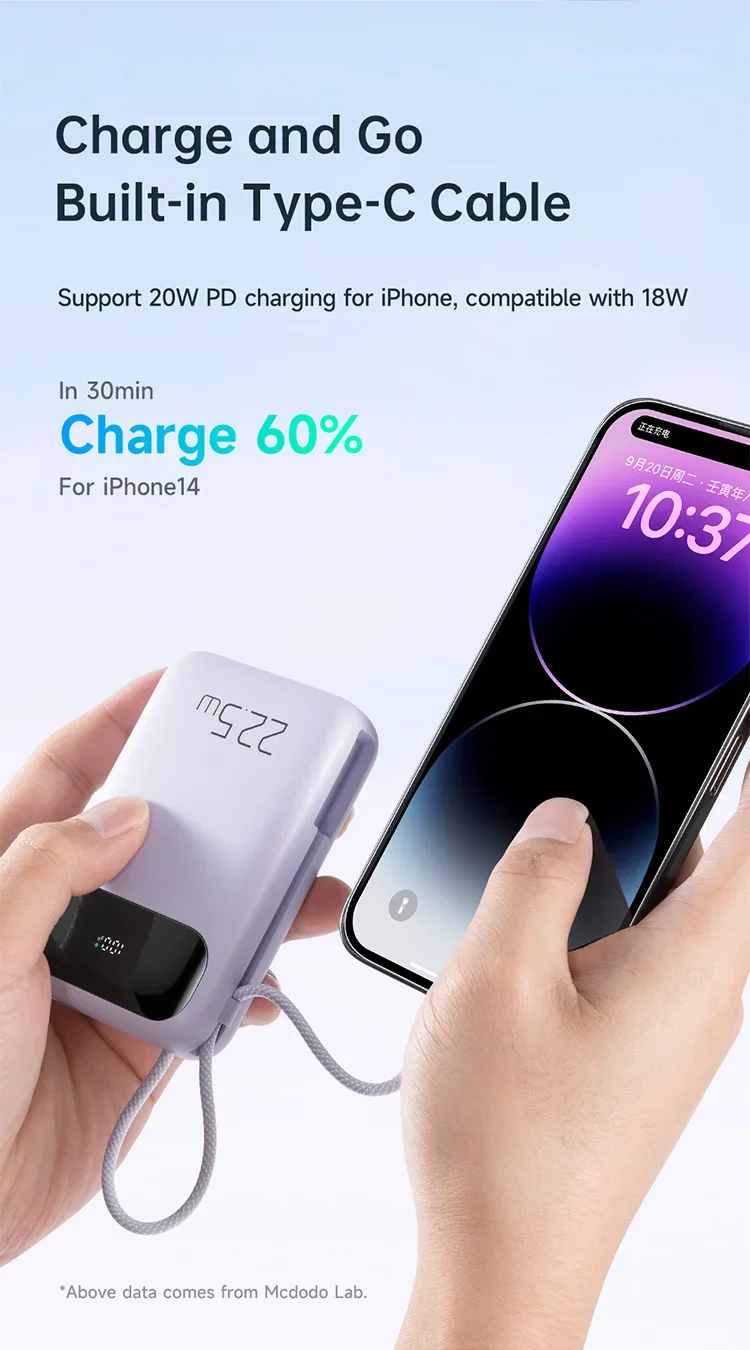 Mcdodo MC-325 10000mAh 22.5W PD Power Bank with Built-In iP Cable - Black - Thumbnail 11