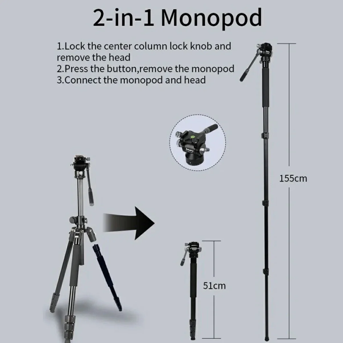 Jmary KS355+HG60 2-in-1 Camera Tripod & Monopod with 360° Ball Head - Black - Image 7