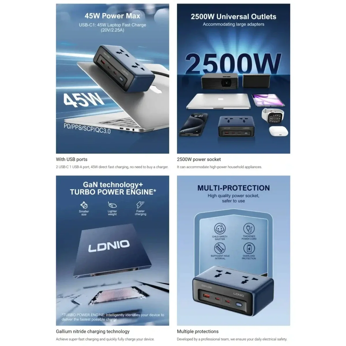 مشترك كهرباء عالمي LDNIO SC1 بقدرة 45W PD ومخرج 2500W - Thumbnail 5