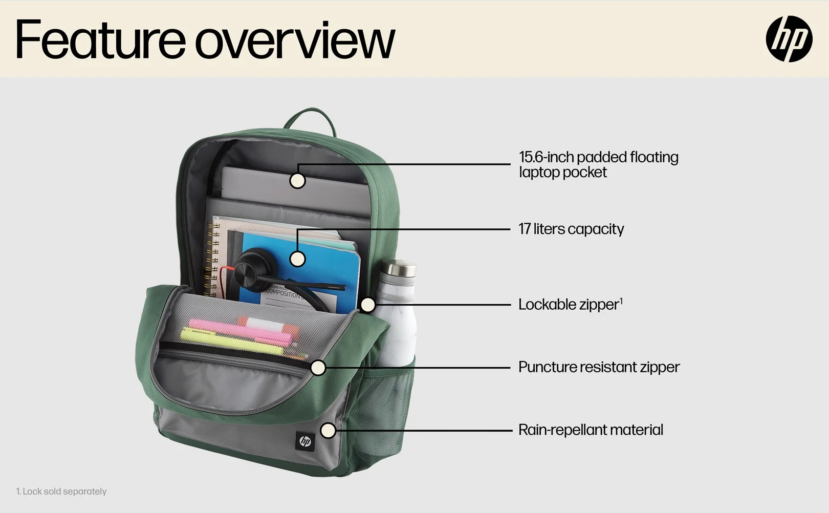 HP Campus Backpack for 15.6 Inch Laptop 17L Water Resistant - Green - Image 9
