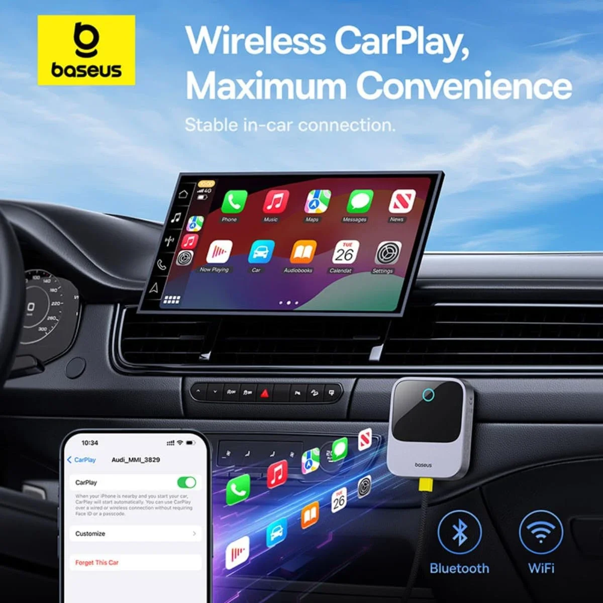 Baseus PrimeTrip Wireless CarPlay Adapter for iPhone, Grey - Thumbnail 3