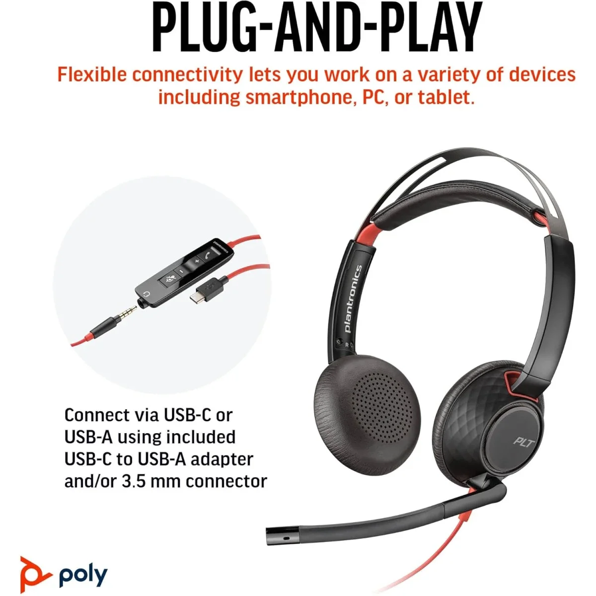 سماعة رأس سلكية Poly Blackwire 5220 ستيريو بمنفذ USB-C ومحول USB-A و3.5 مم - Thumbnail 6