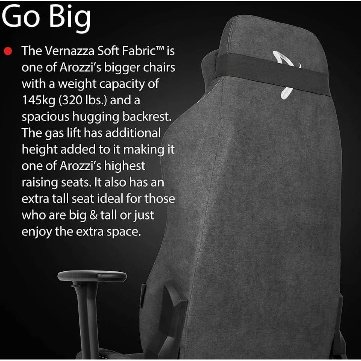 Arozzi Vernazza Soft Fabric Gaming Chair with 3D Armrests - Pure Black - Image 7