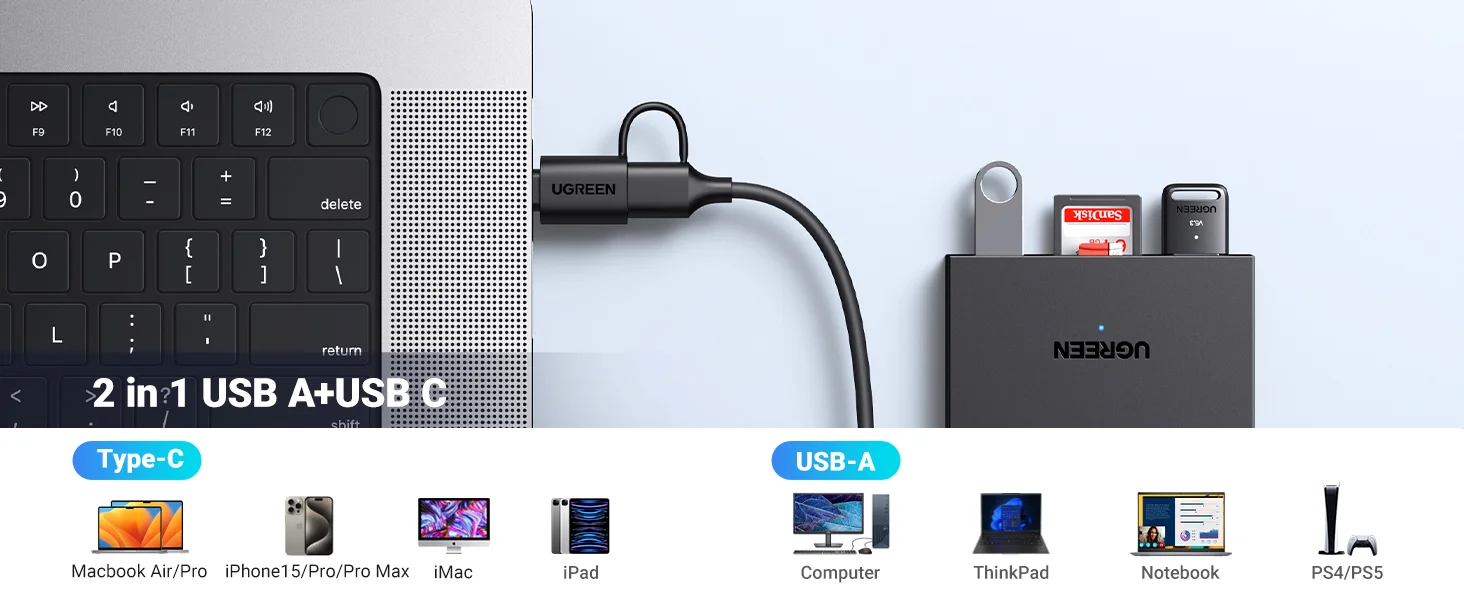 قارئ بطاقات Ugreen 4 في 1 USB-C وUSB-A لبطاقات SD وTF مع منفذي USB 3.0 بسرعة 5Gbps - Thumbnail 10
