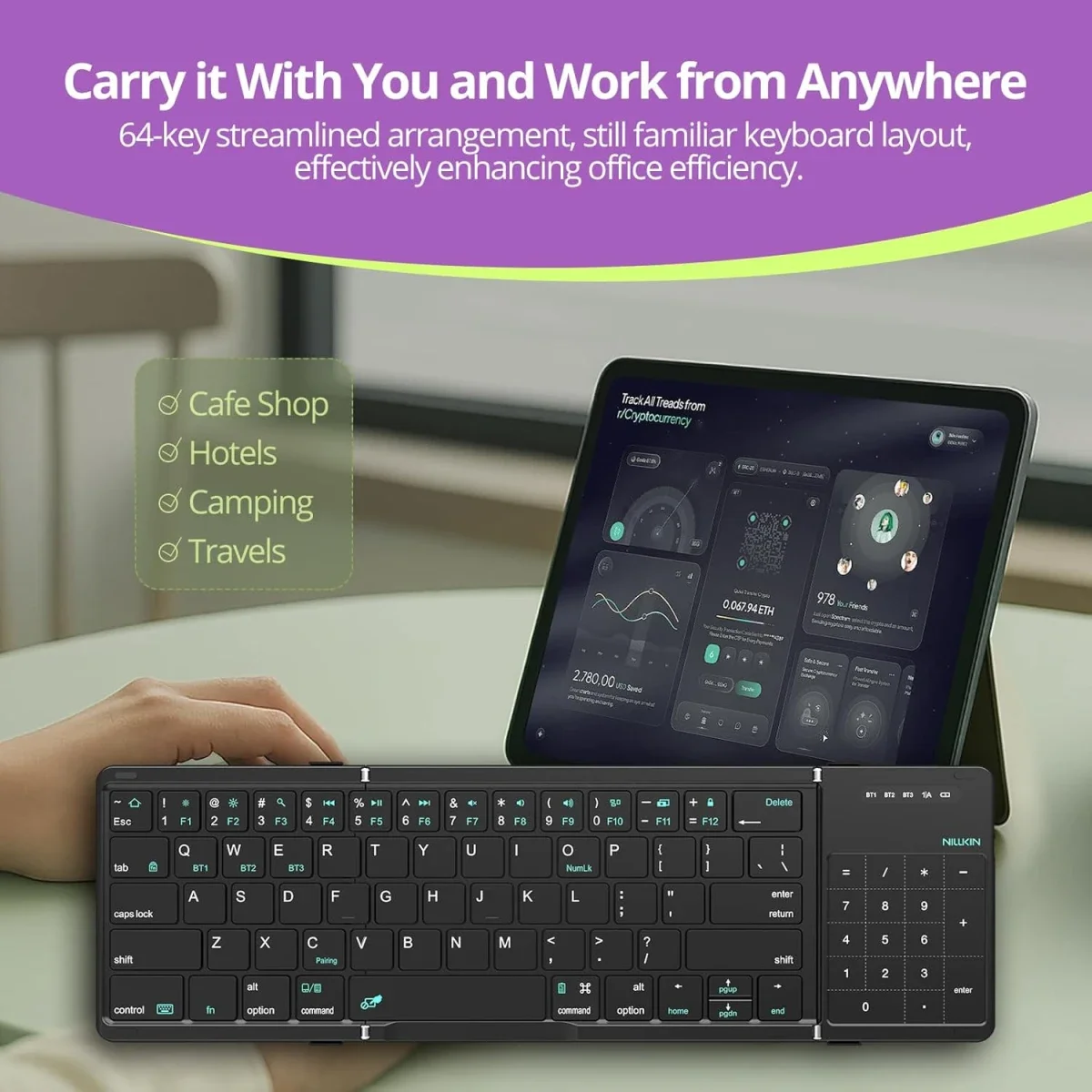 Nillkin Cube Pocket Foldable Bluetooth Keyboard with Touchpad, Arabic/English, Black - Thumbnail 4