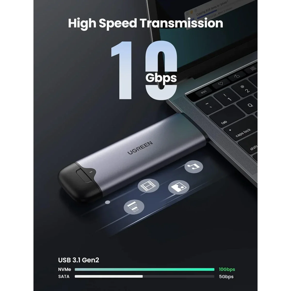 Ugreen CM353 2-in-1 USB-A & USB-C M.2 NVMe SSD Enclosure 10Gbps (55152) - Image 3