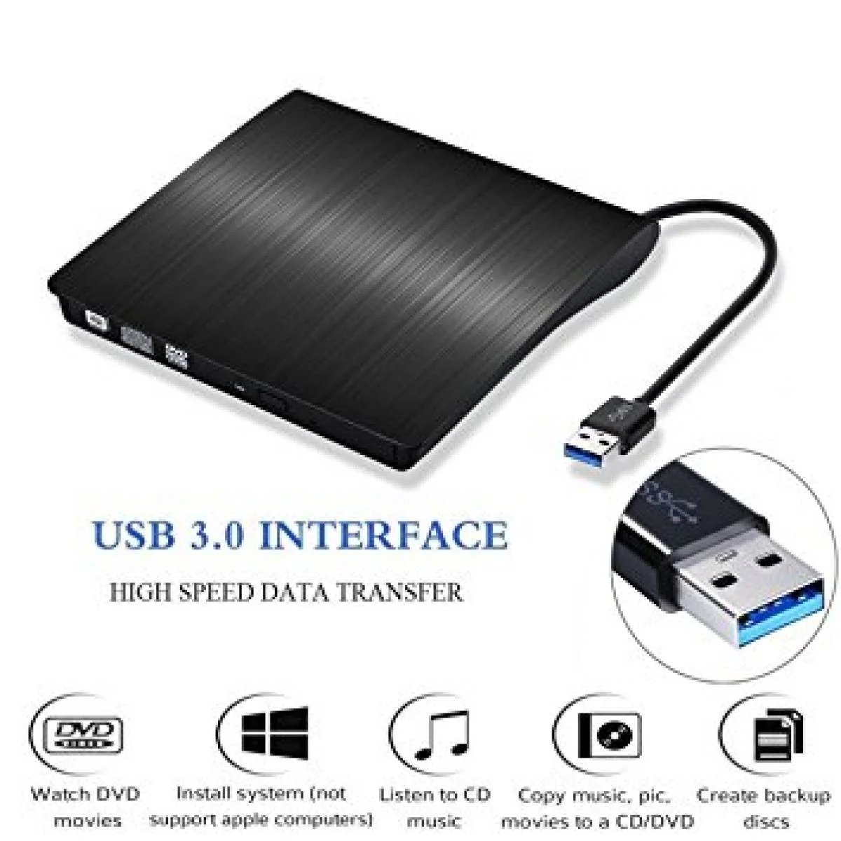 قارئ وناسخ أقراص خارجي محمول فائق النحافة USB 3.0 DVD-RW CD-RW