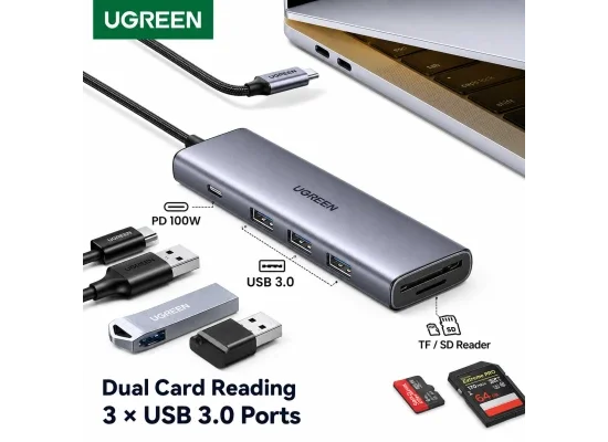 موزع USB-C Ugreen CM511 6 في 1 مع PD بقوة 100 واط وقارئ بطاقات SD/TF - رمادي - Image 2